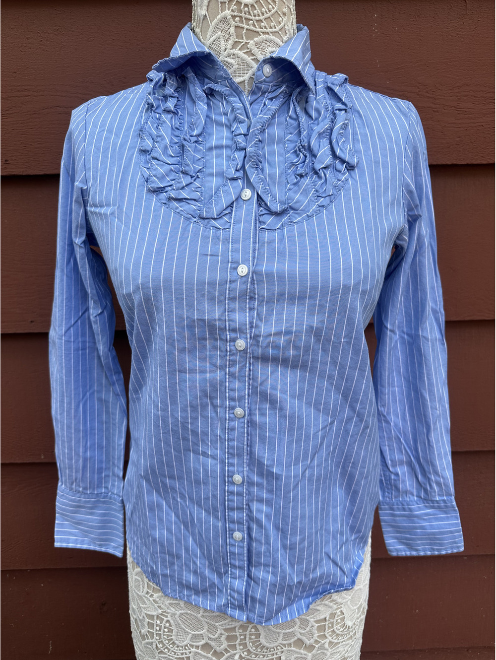 Gap Vintage Blue and White Striped Ruffle Blouse Cotton Office Siren Preppy
